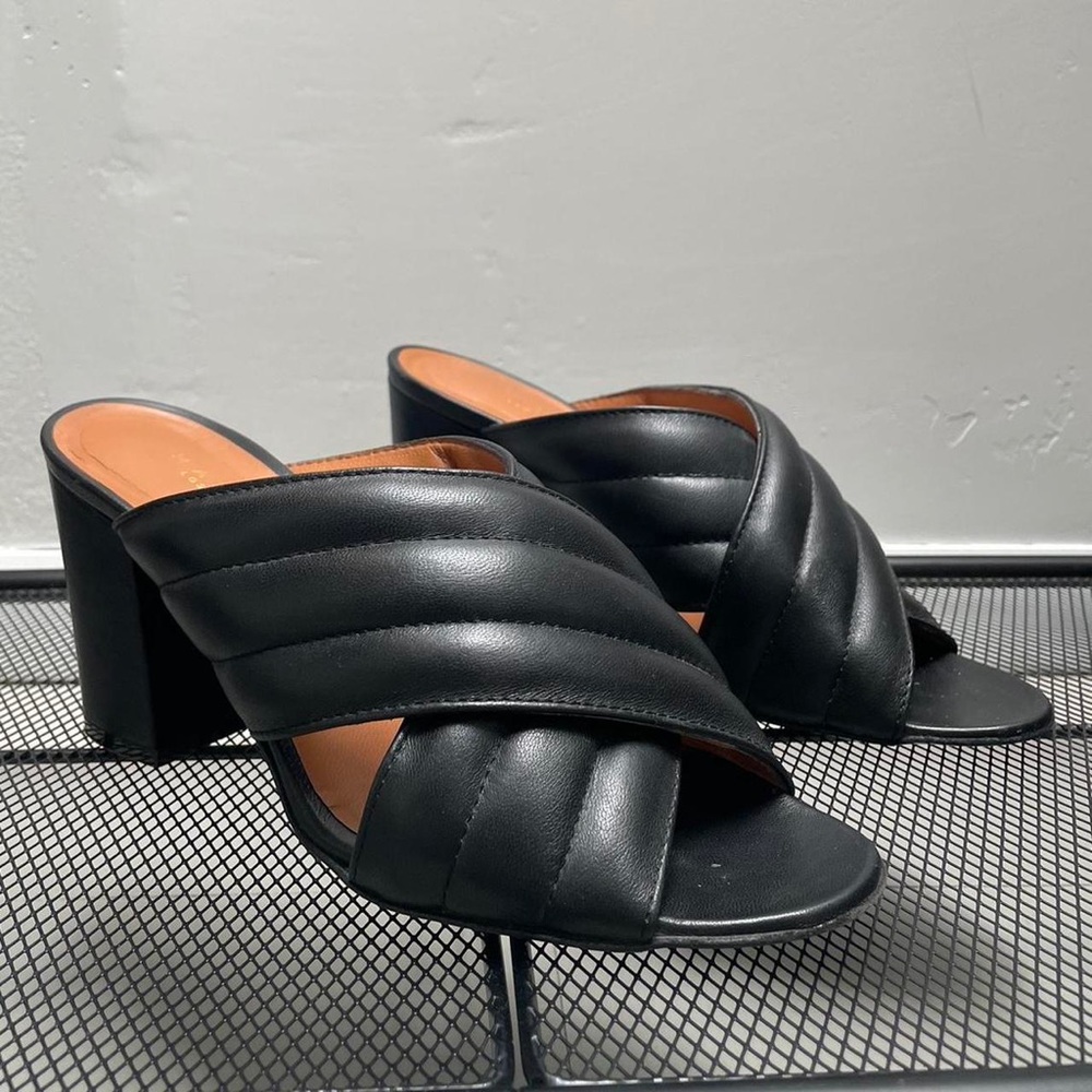 Madison Los Angeles Cross Strap Black Leather Block Heel Mules